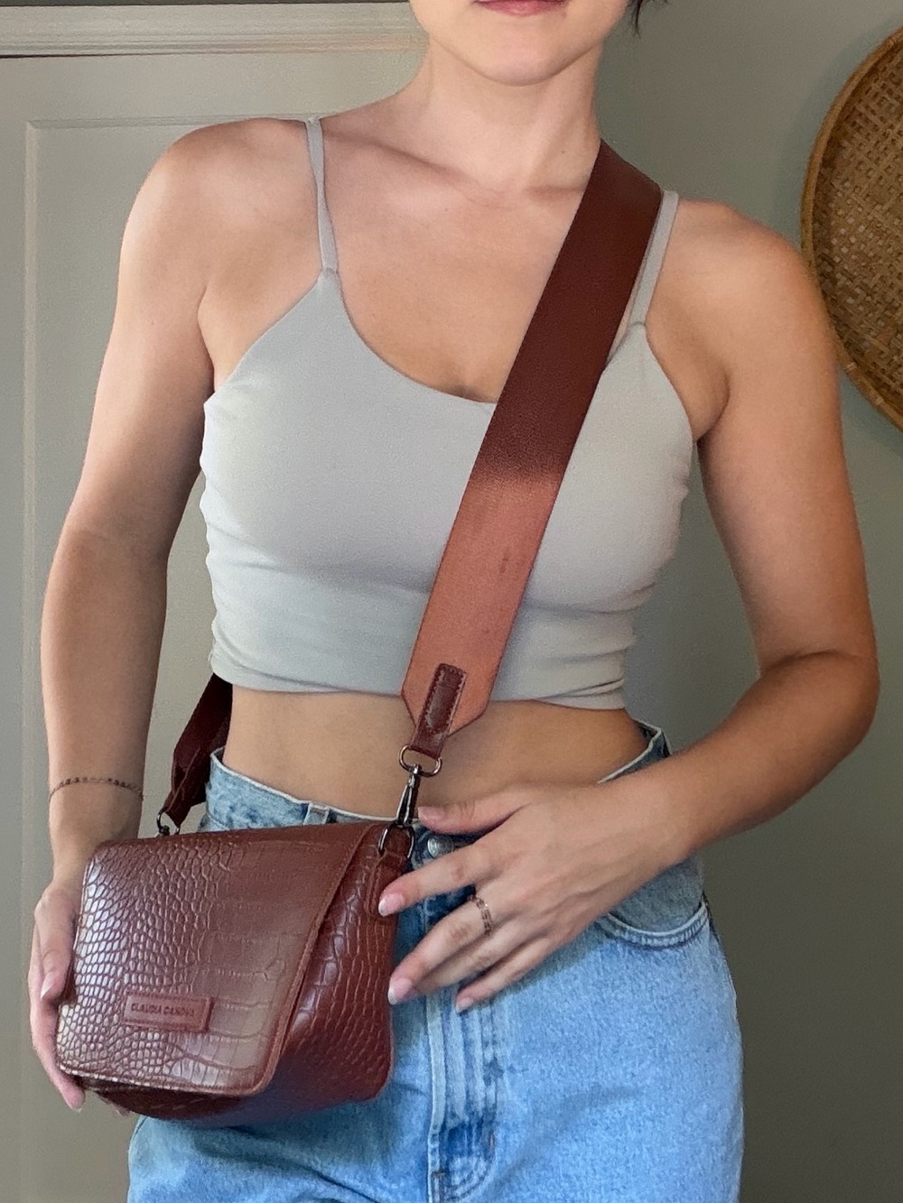Brown Croc-Embossed Crossbody Bag